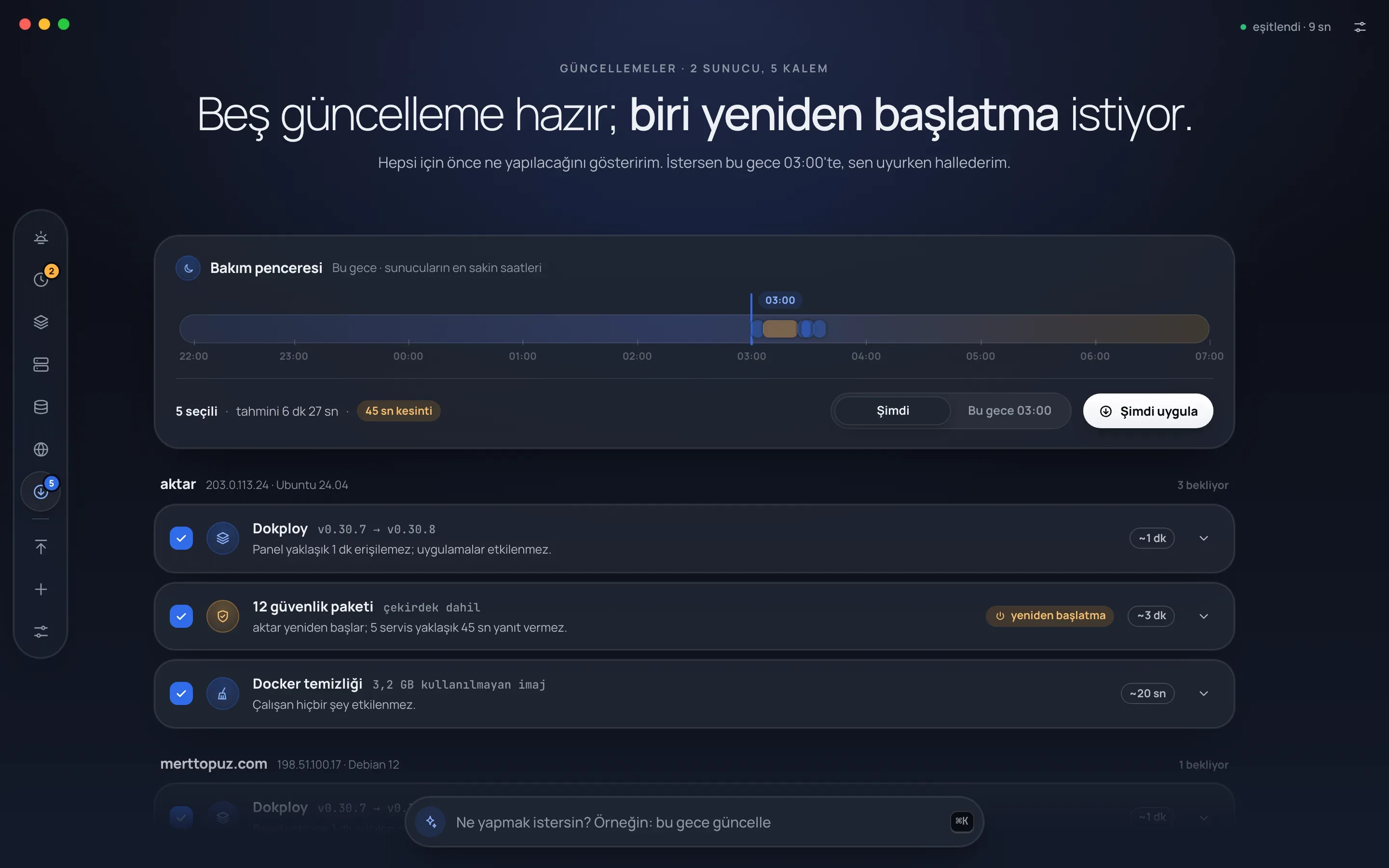 Kule's Güncellemeler (Updates) screen: a pending Dokploy version, security packages including the kernel and a Docker cleanup on the aktar server; each line shows its impact, the estimated time and whether a reboot is needed.