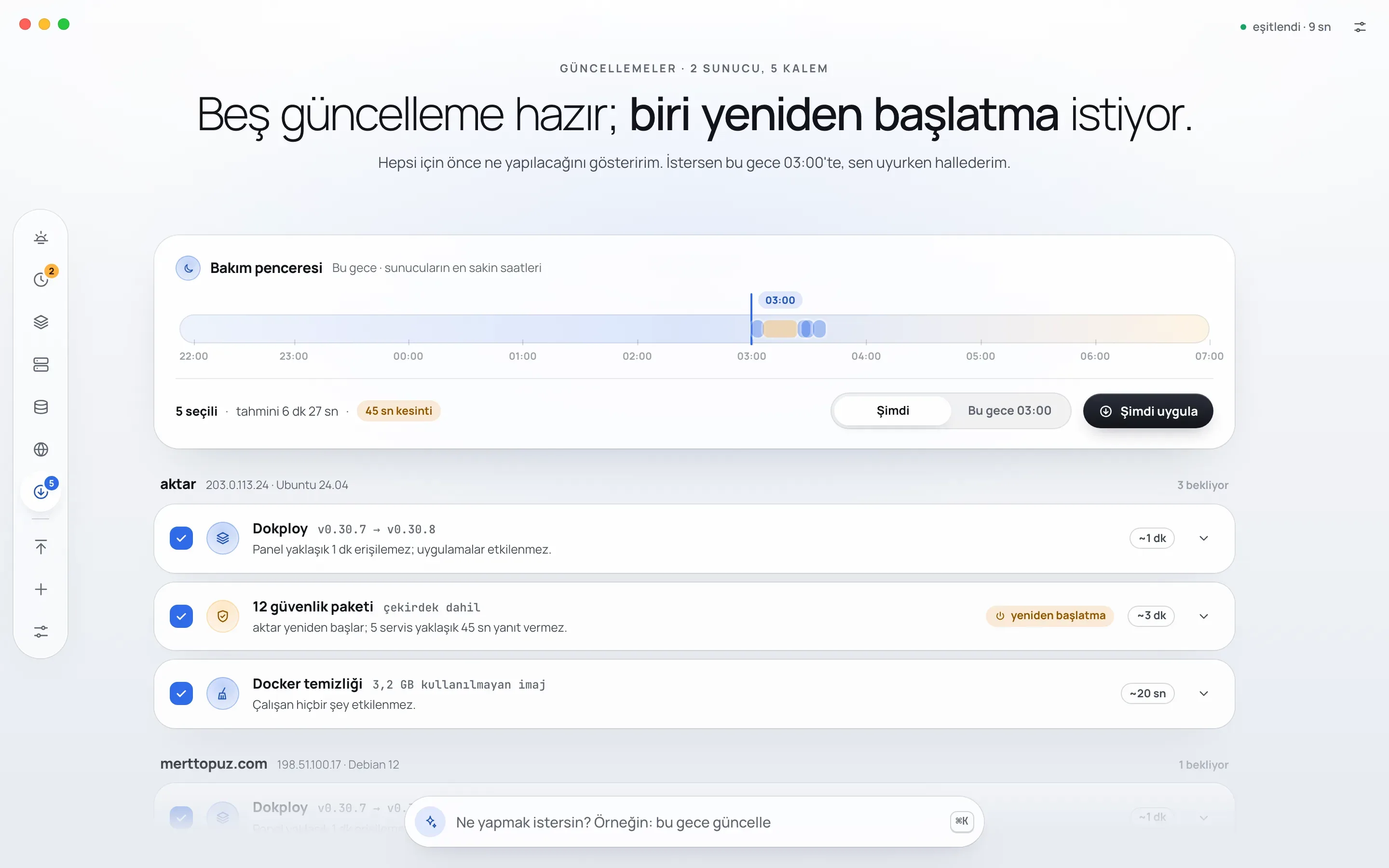 Kule's Güncellemeler (Updates) screen: a pending Dokploy version, security packages including the kernel and a Docker cleanup on the aktar server; each line shows its impact, the estimated time and whether a reboot is needed.