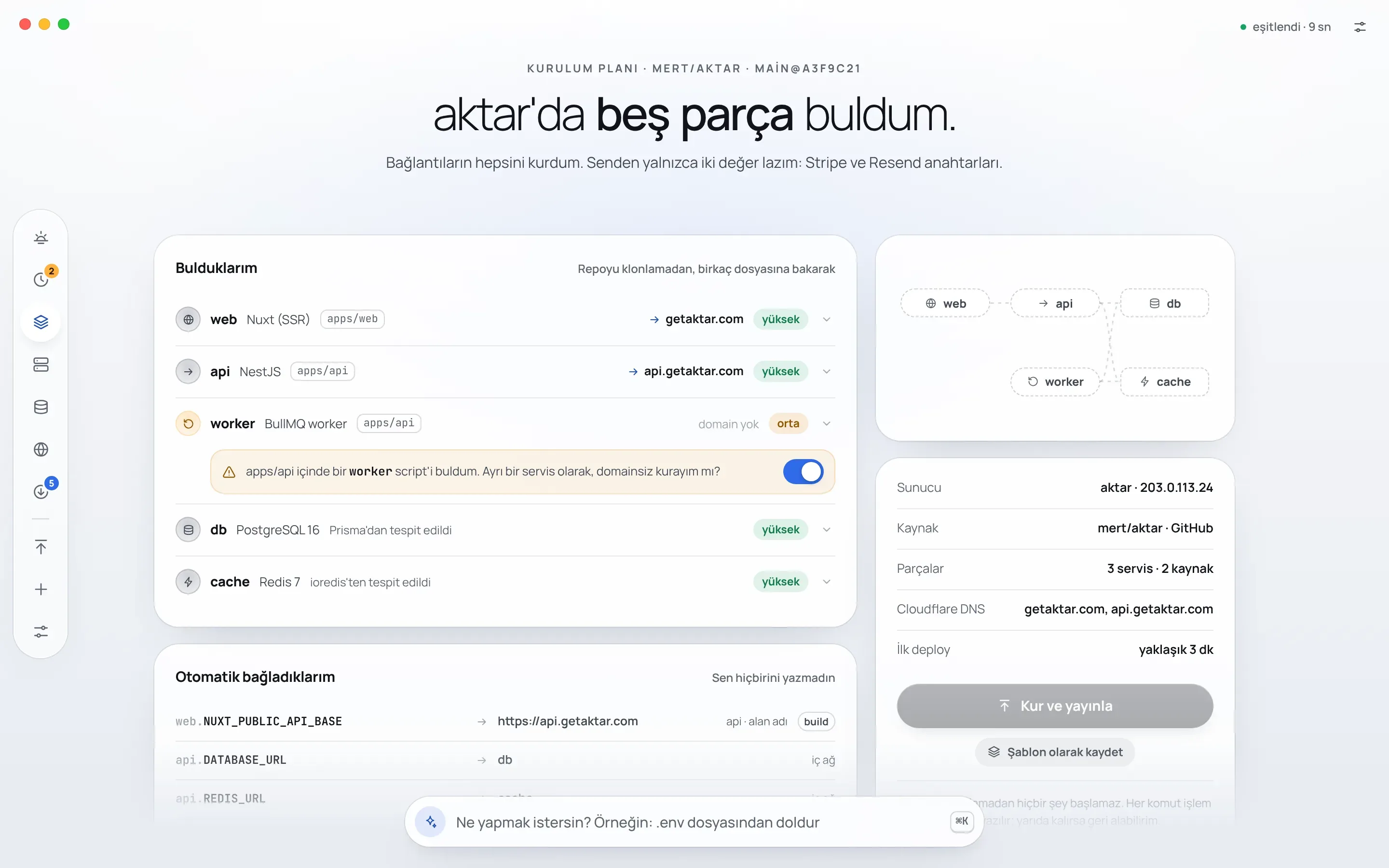 Kule's deploy plan screen: the web, api, worker, db and cache parts found in the mert/aktar repo, a question about setting up the worker without a domain, variables that connect on their own, and the Kur ve yayınla button for the aktar server.