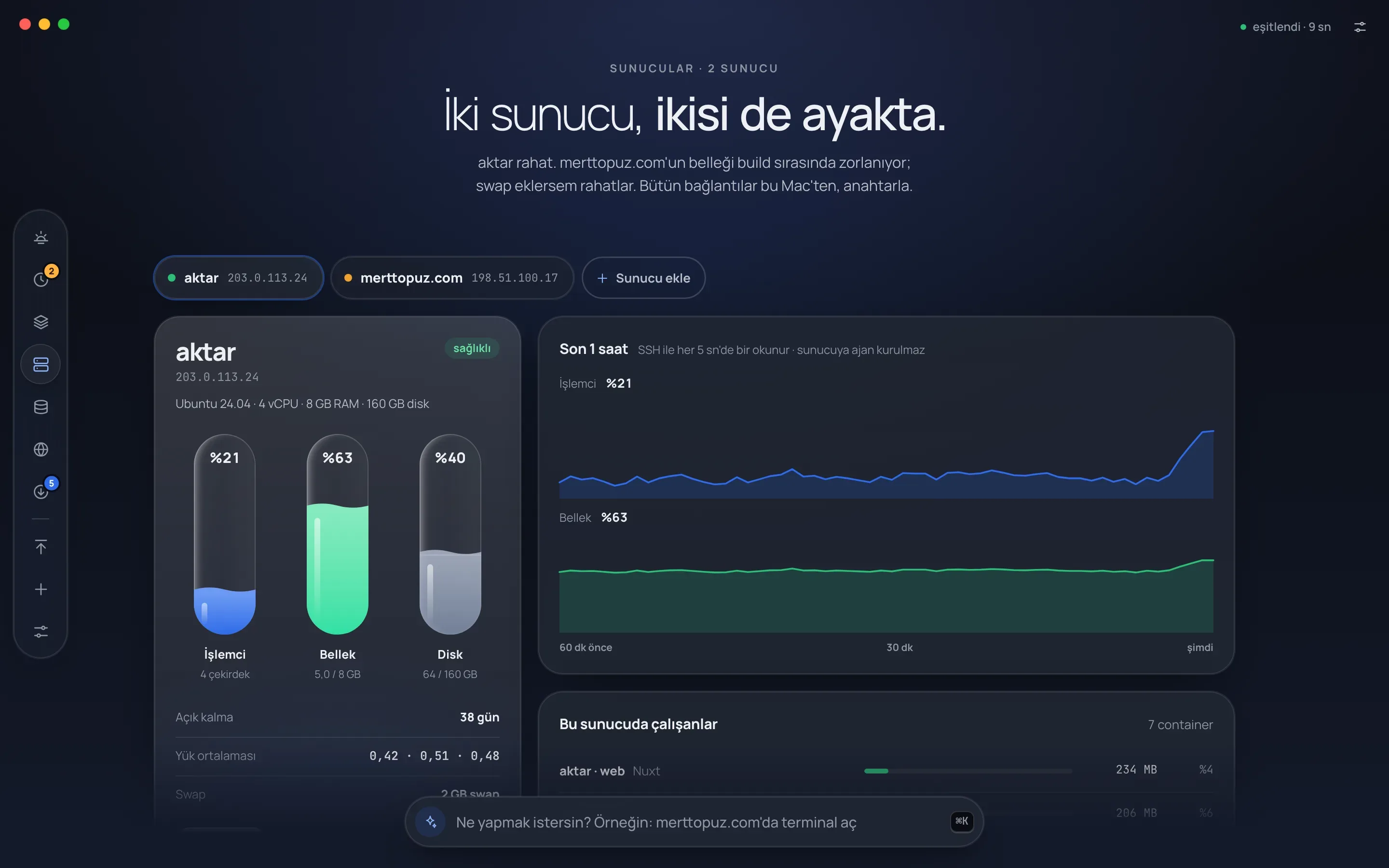 Kule's Sunucular (Servers) screen: CPU, memory and disk gauges for the aktar server, CPU and memory charts, uptime, load average and the containers running on the server.