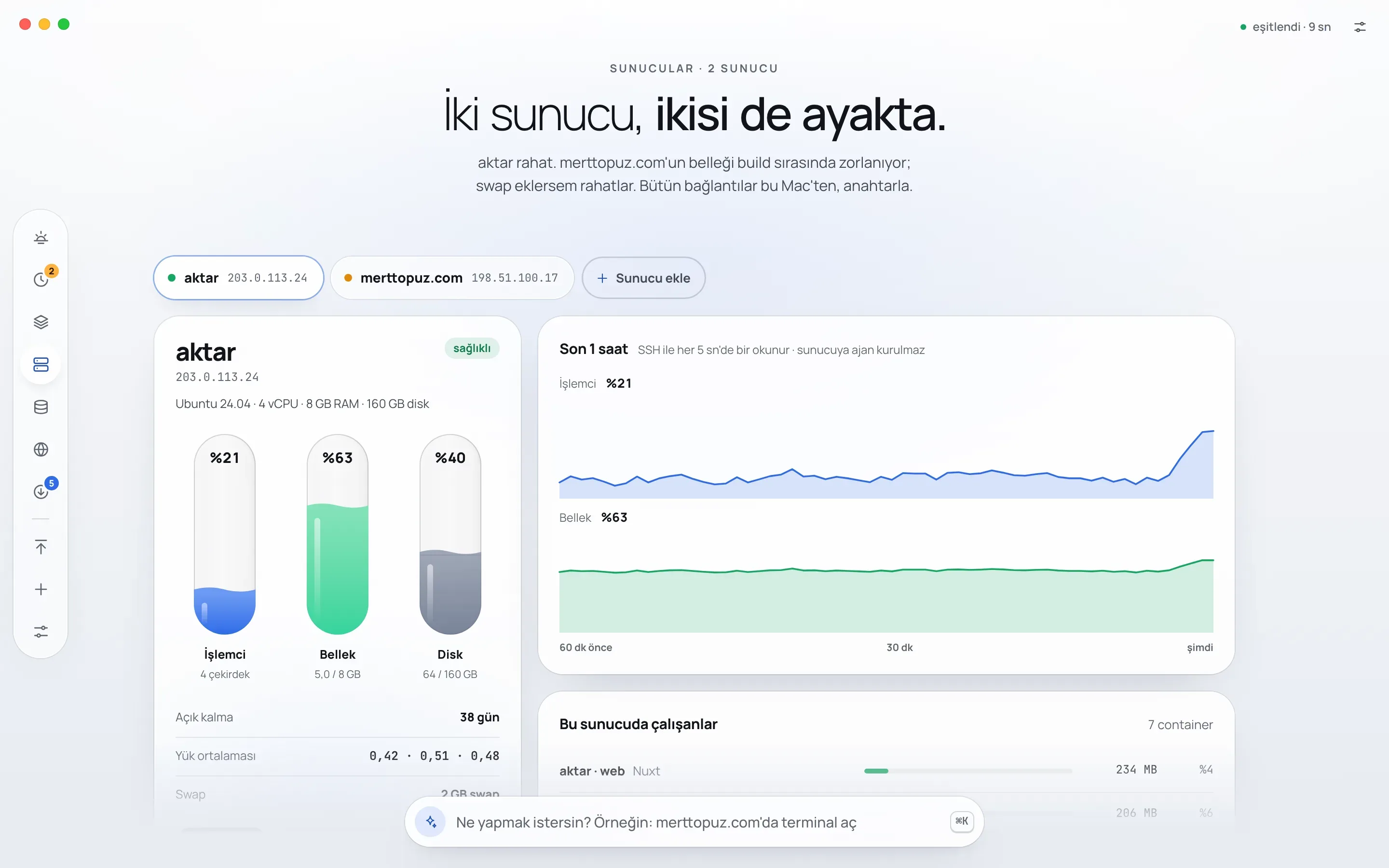 Kule's Sunucular (Servers) screen: CPU, memory and disk gauges for the aktar server, CPU and memory charts, uptime, load average and the containers running on the server.