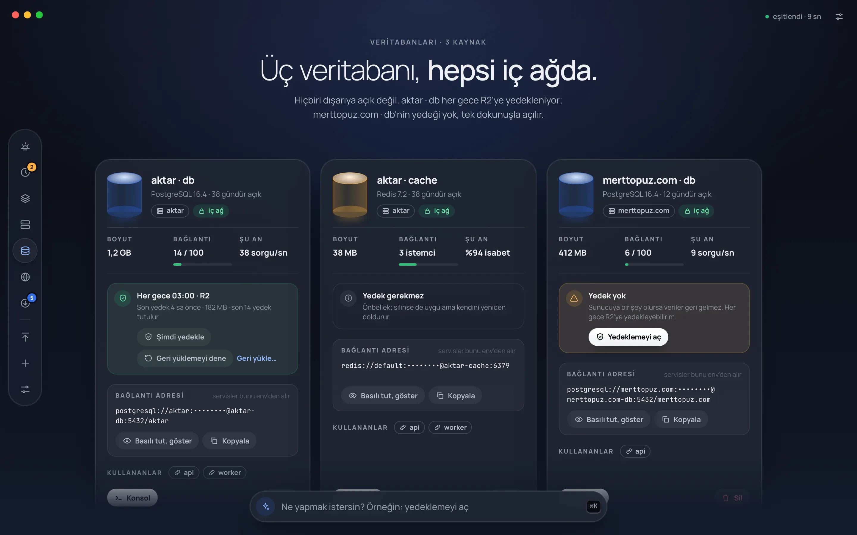 Kule's Veritabanları (Databases) screen: the aktar · db, aktar · cache and merttopuz.com · db cards, each with its size, connection count, backup status, connection address with the password hidden and the services that use it.