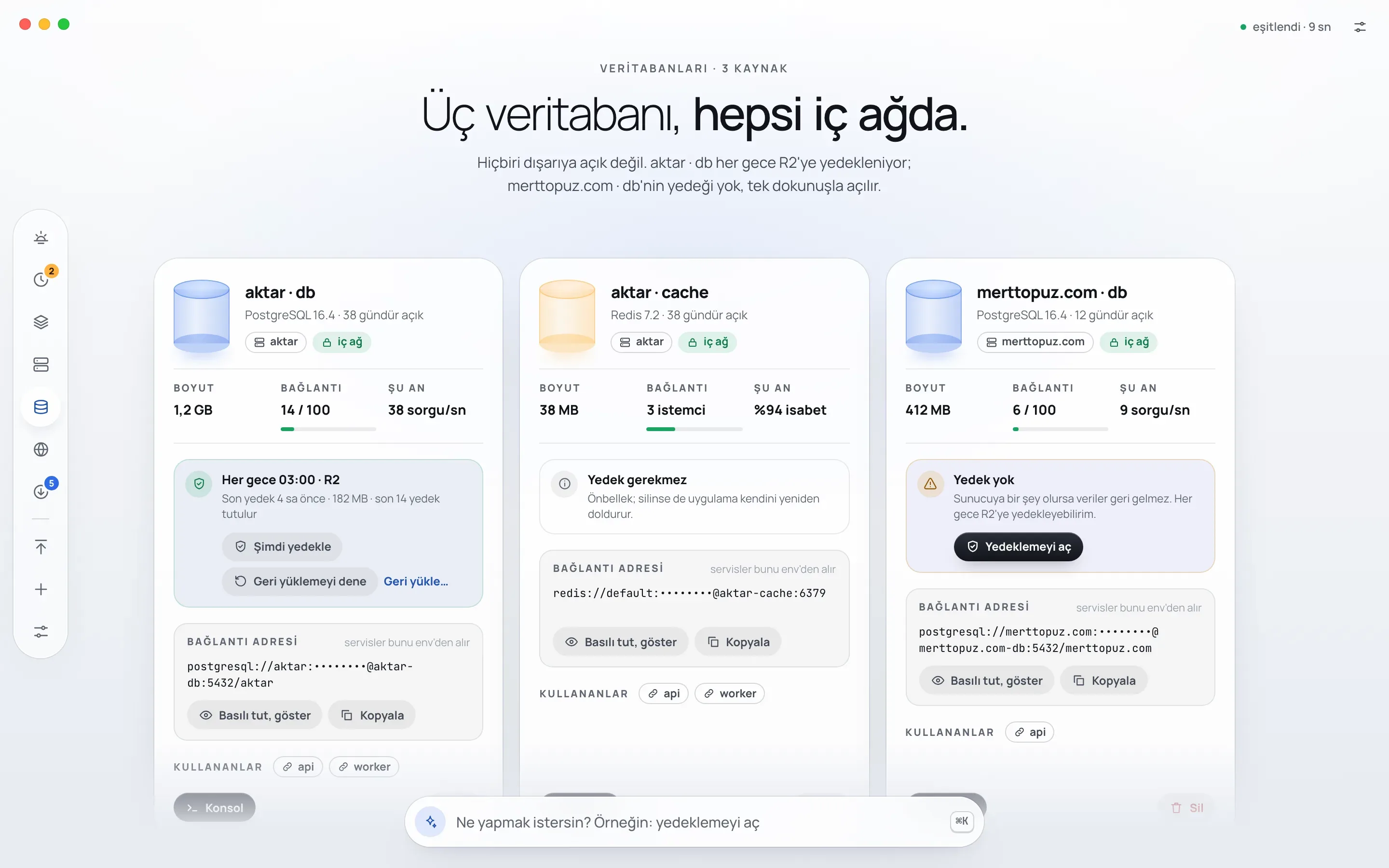 Kule's Veritabanları (Databases) screen: the aktar · db, aktar · cache and merttopuz.com · db cards, each with its size, connection count, backup status, connection address with the password hidden and the services that use it.