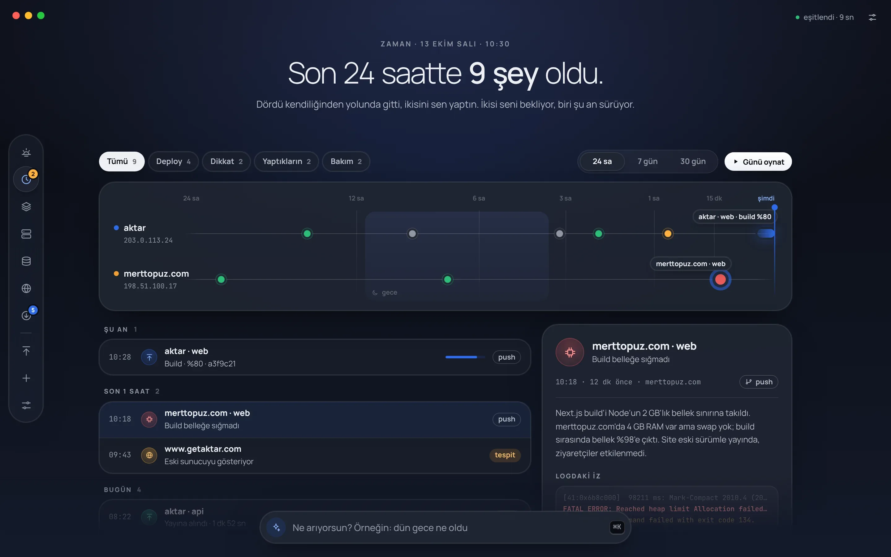 Kule's Son 24 saat (Last 24 hours) screen: two timelines for the aktar and merttopuz.com servers, filters, an aktar · web deploy in progress and the details of the selected merttopuz.com · web event.